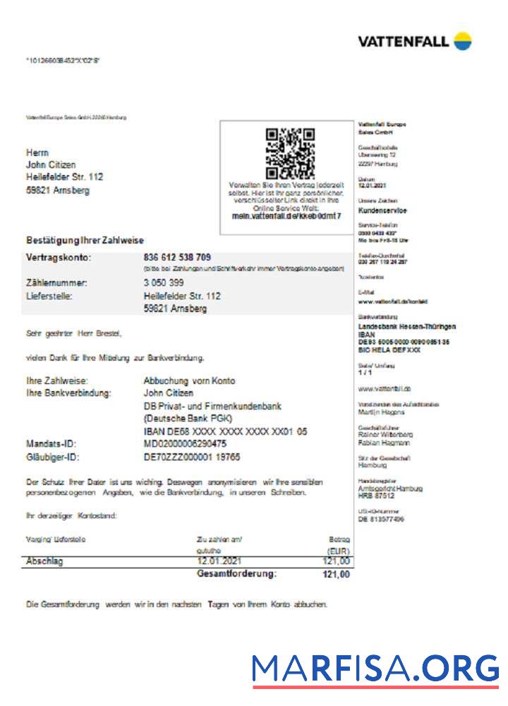 Downloadable Germany VATTENFALL utility bill sample